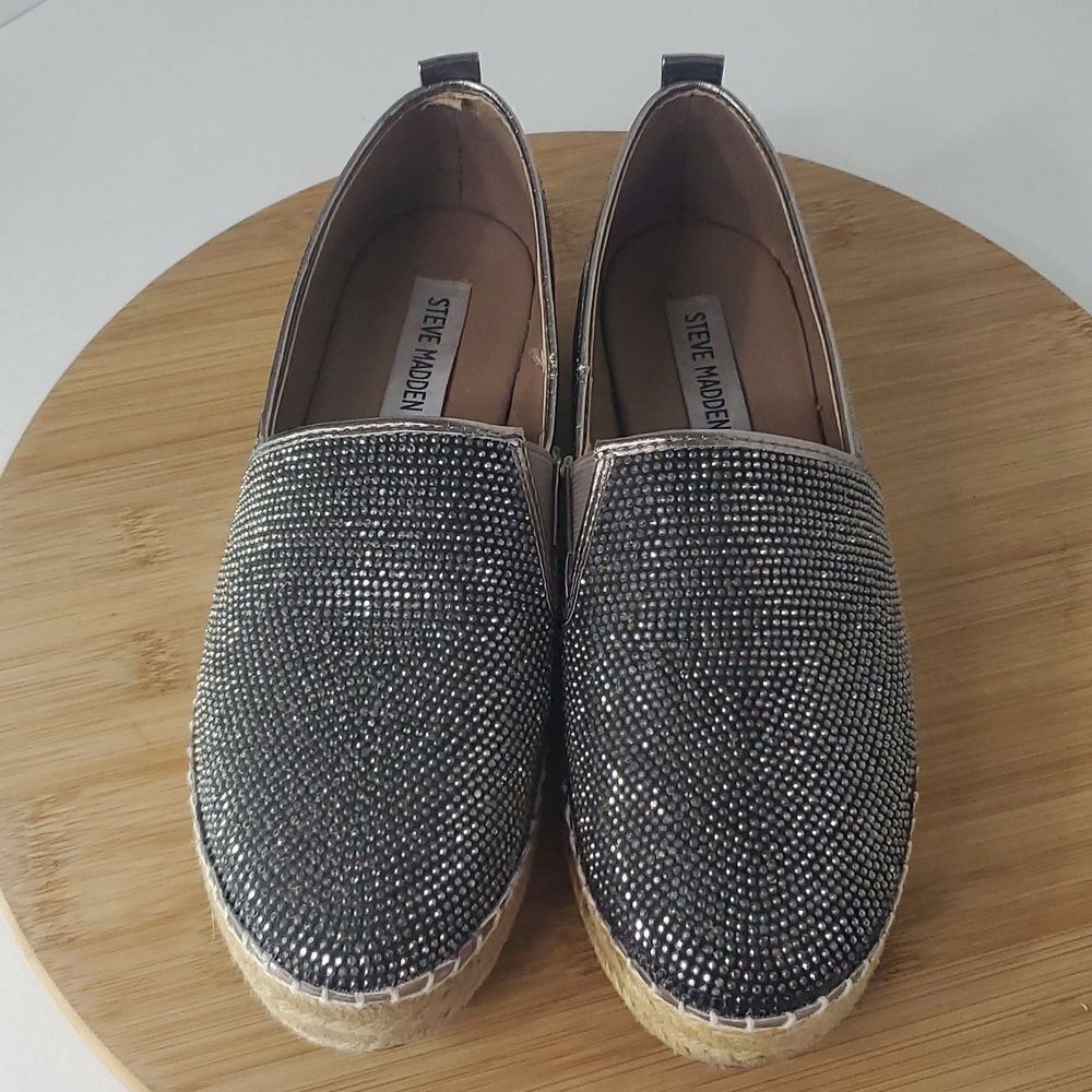 Steve Madden Chopur Embellished Espadrilles Silver Glitter Flats Size 6.5 B
